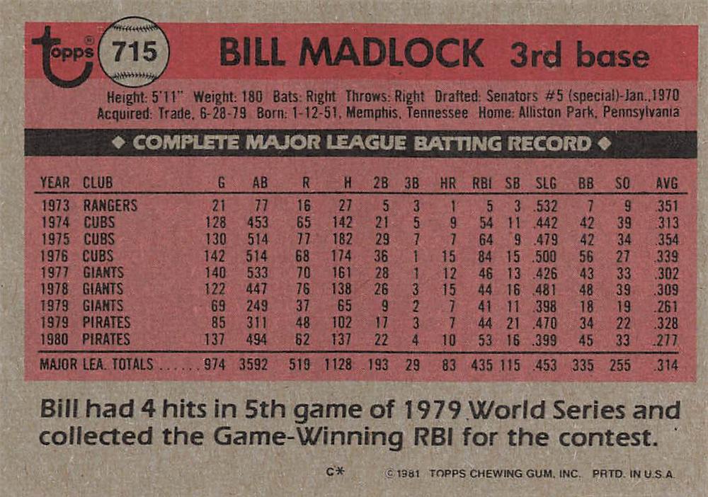 Bill Madlock  baseball card collectible - Main Image 2