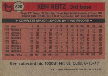 Ken Reitz  baseball card collectible - Main Image 2