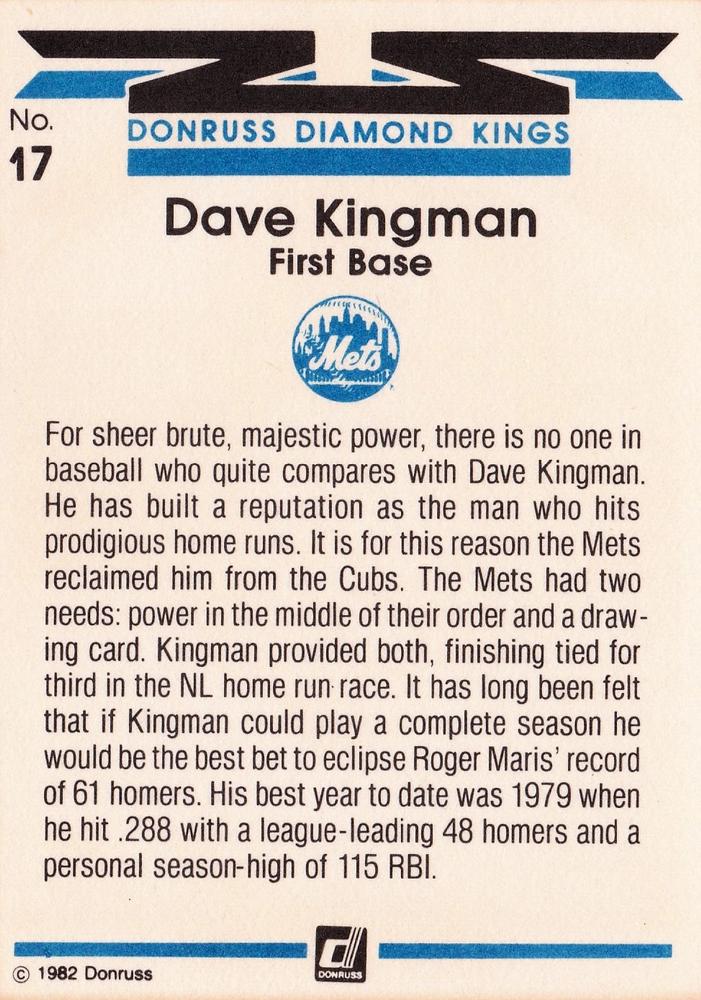 Dave Kingman  baseball card collectible - Main Image 2