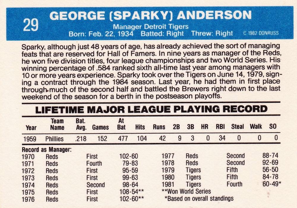Sparky Anderson  baseball card collectible - Main Image 2