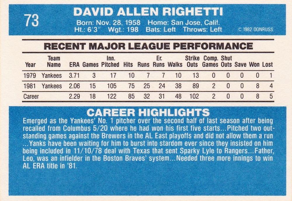 Dave Righetti  baseball card collectible - Main Image 2