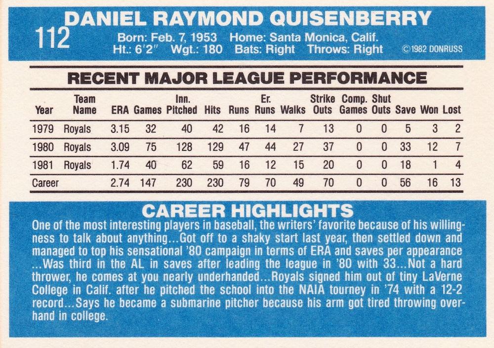 Dan Quisenberry  baseball card collectible - Main Image 2