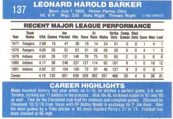Len Barker  baseball card collectible - Main Image 2