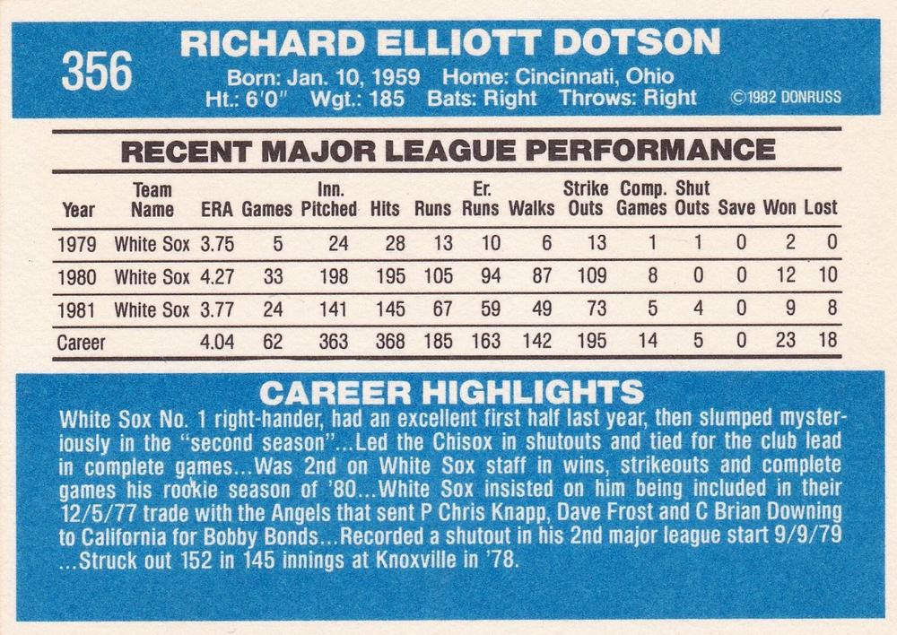 Richard Dotson  baseball card collectible - Main Image 2