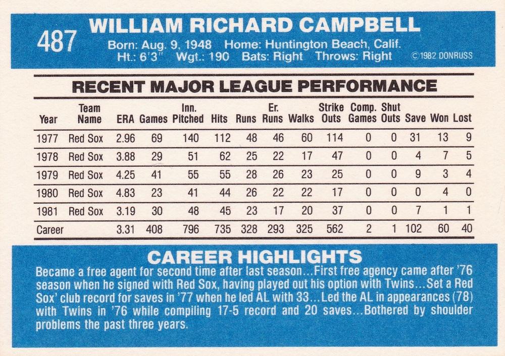 Bill Campbell  baseball card collectible - Main Image 2
