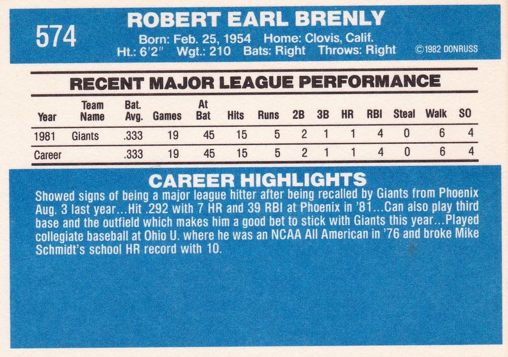 Bob Brenly  baseball card collectible - Main Image 2