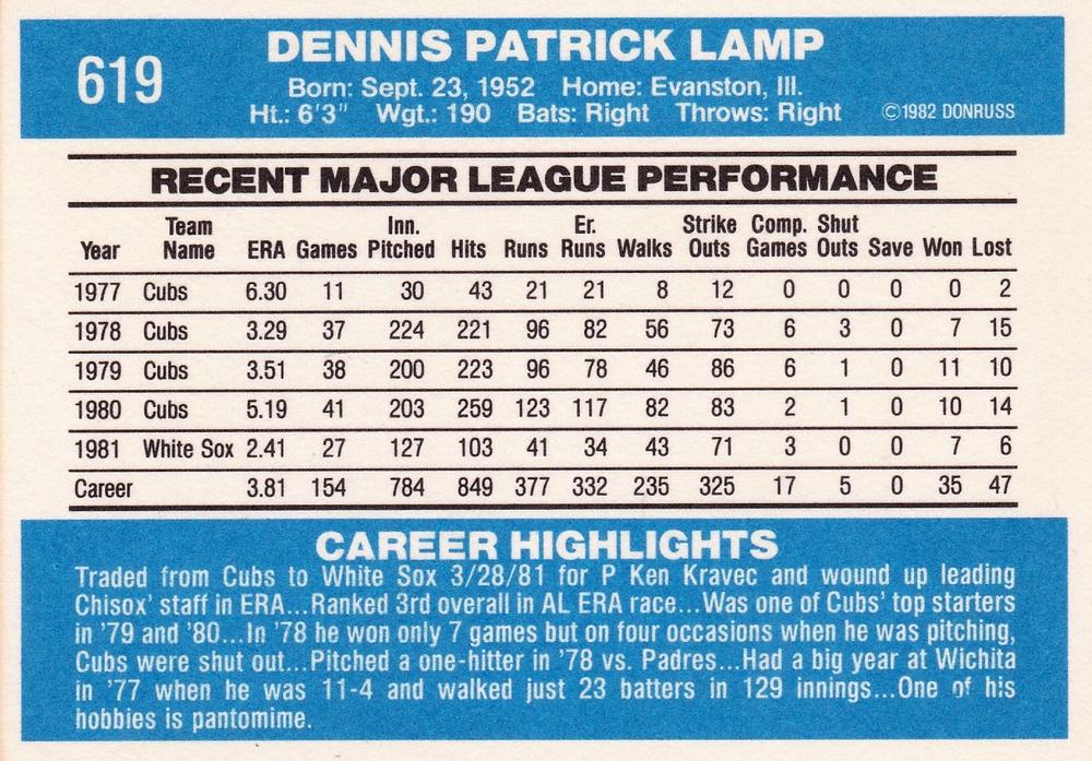 Dennis Lamp  baseball card collectible - Main Image 2