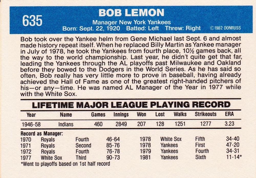 Bob Lemon  baseball card collectible - Main Image 2