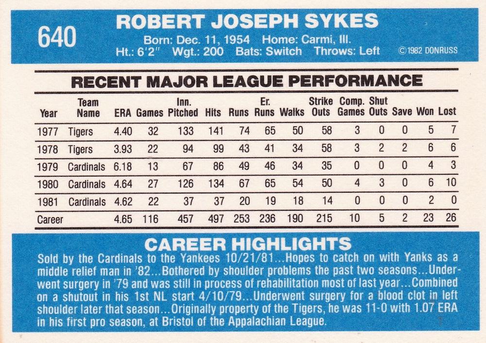 Bob Sykes  baseball card collectible - Main Image 2