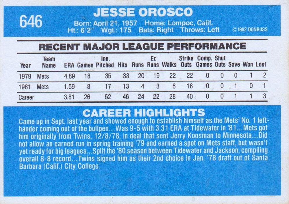 Jesse Orosco  baseball card collectible - Main Image 2