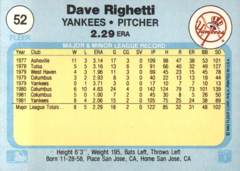 Dave Righetti  baseball card collectible - Main Image 2