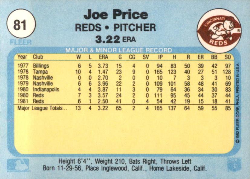 Joe Price  baseball card collectible - Main Image 2