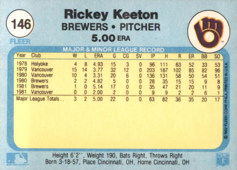 Rickey Keeton  baseball card collectible - Main Image 2