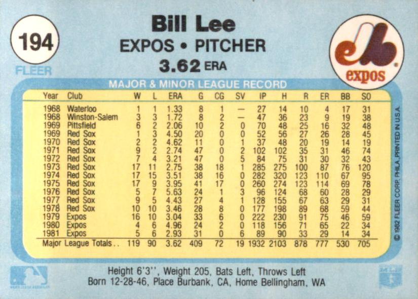 Bill Lee  baseball card collectible - Main Image 2