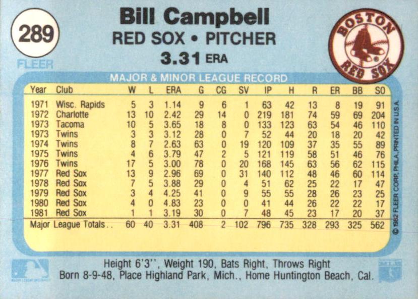 Bill Campbell  baseball card collectible - Main Image 2