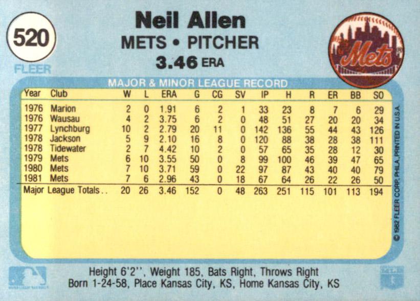 Neil Allen  baseball card collectible - Main Image 2