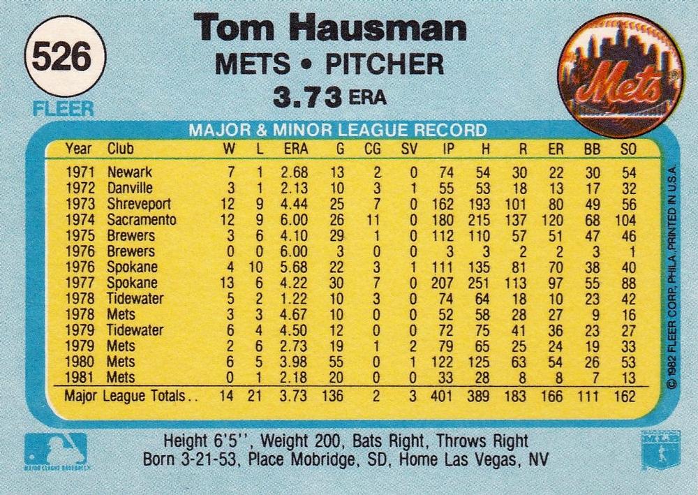 Tom Hausman  baseball card collectible - Main Image 2