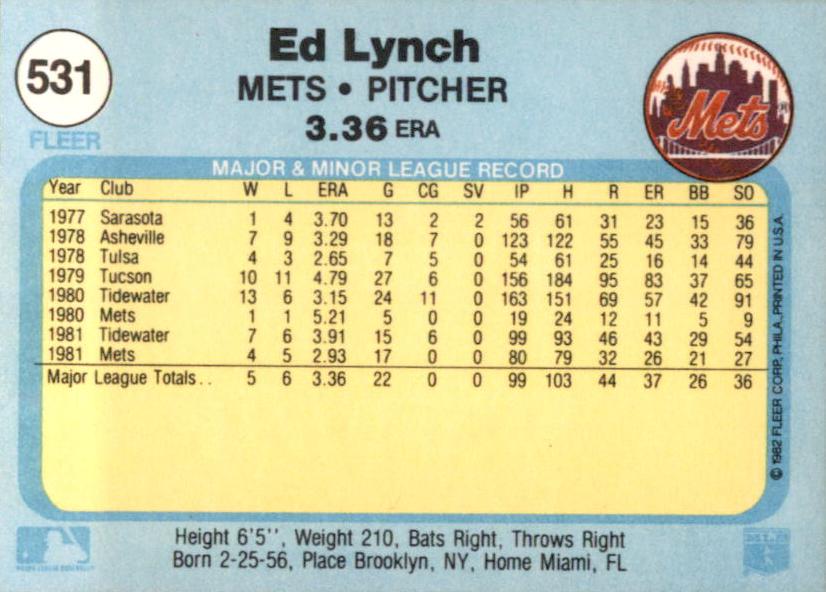 Ed Lynch  baseball card collectible - Main Image 2
