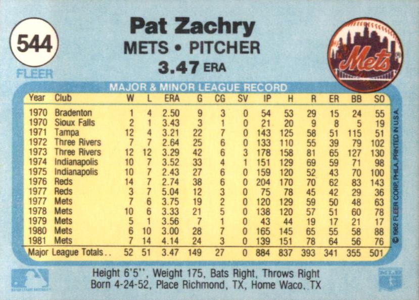 Pat Zachry  baseball card collectible - Main Image 2