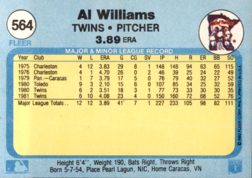 Al Williams  baseball card collectible - Main Image 2
