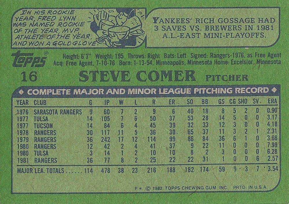 Steve Comer  baseball card collectible - Main Image 2