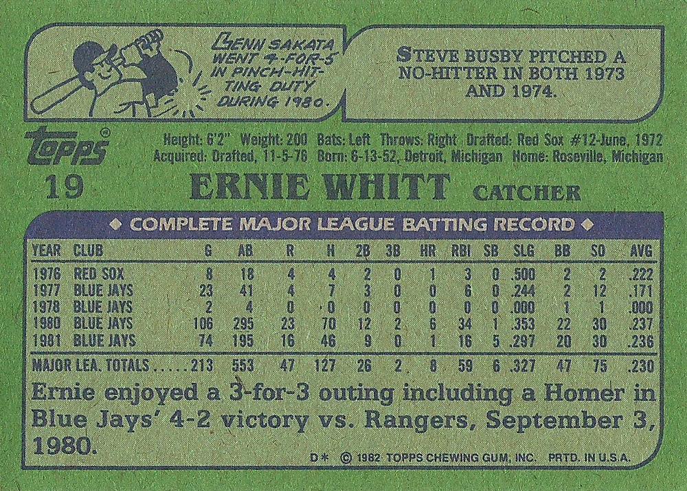 Ernie Whitt  baseball card collectible - Main Image 2