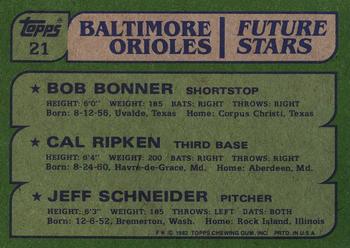 Orioles Future Stars (Bob Bonner / Cal Ripken / Jeff Schneider)  baseball card collectible - Main Image 2