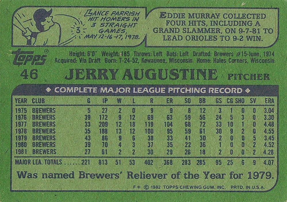 Jerry Augustine  baseball card collectible - Main Image 2