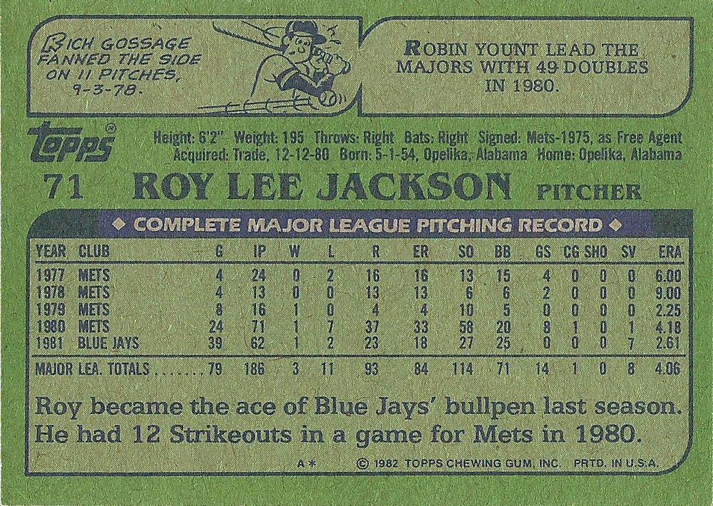 Roy Lee Jackson  baseball card collectible - Main Image 2