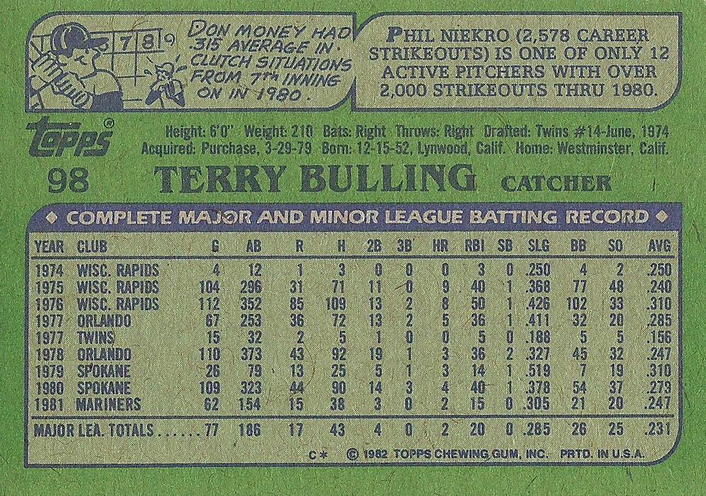 Terry Bulling  baseball card collectible - Main Image 2