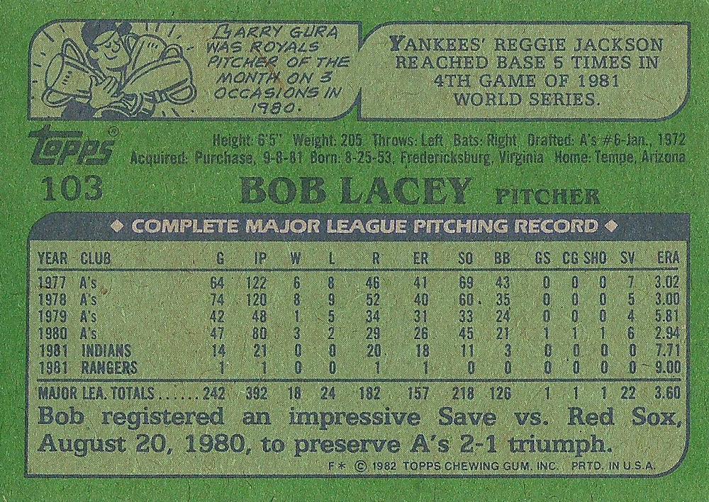 Bob Lacey  baseball card collectible - Main Image 2