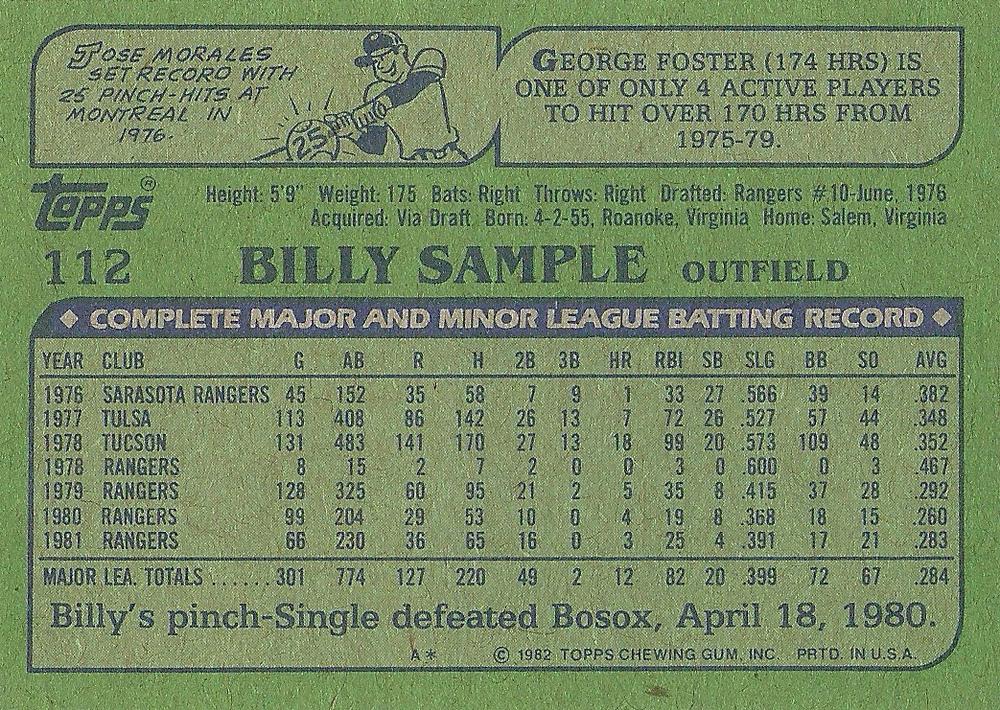 Billy Sample  baseball card collectible - Main Image 2