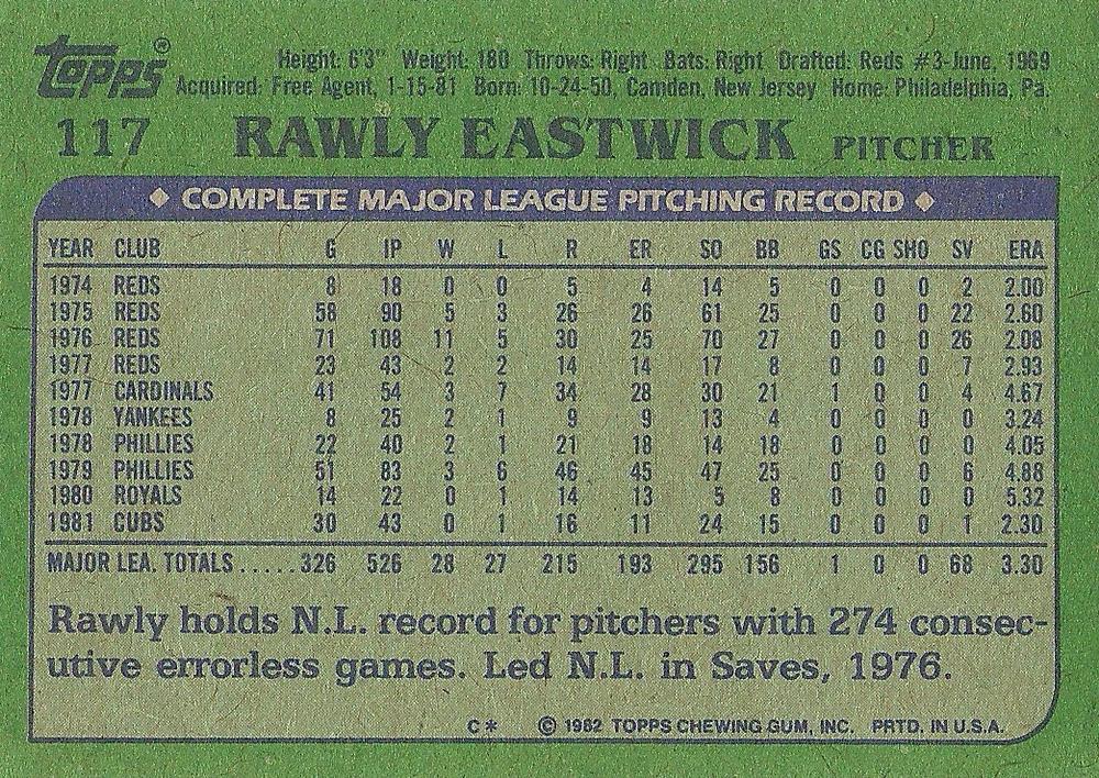 Rawly Eastwick  baseball card collectible - Main Image 2