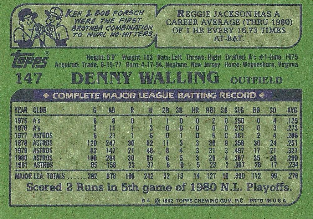 Denny Walling  baseball card collectible - Main Image 2