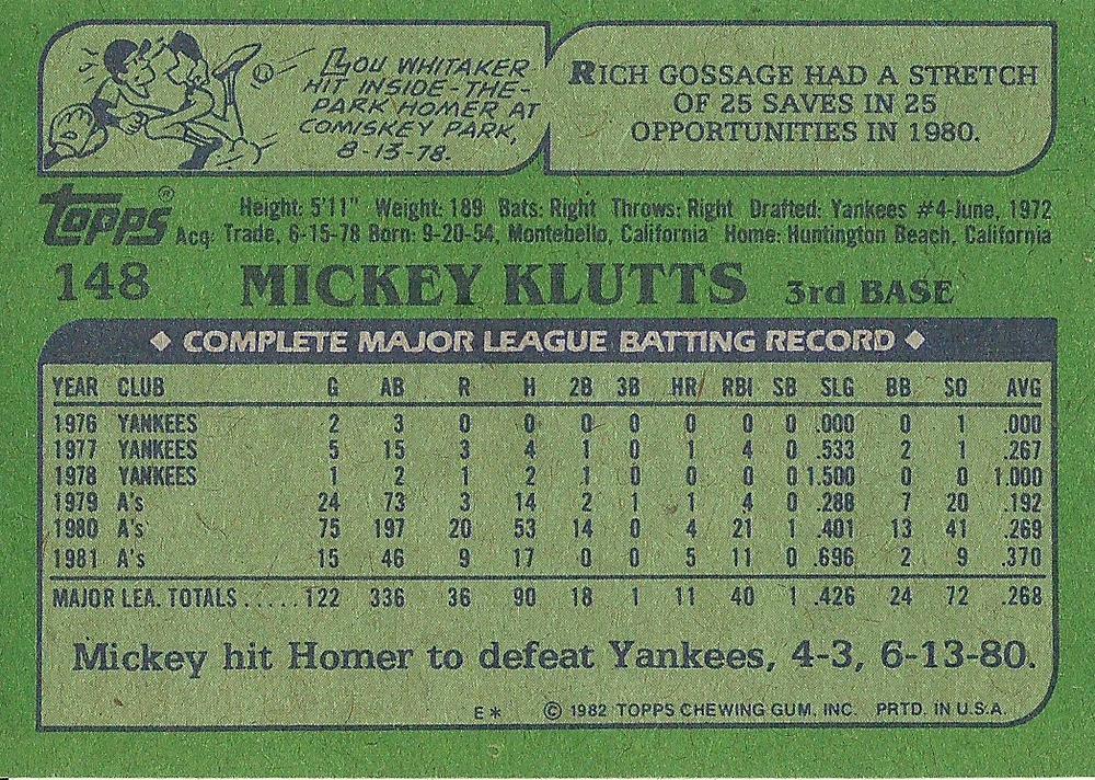 Mickey Klutts  baseball card collectible - Main Image 2