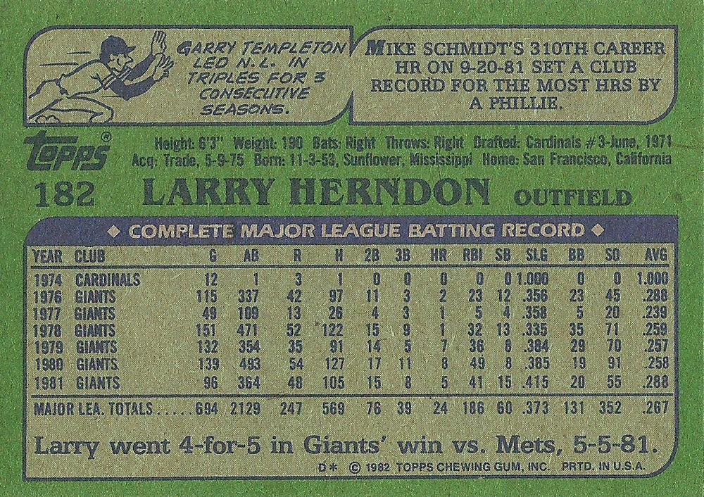 Larry Herndon  baseball card collectible - Main Image 2