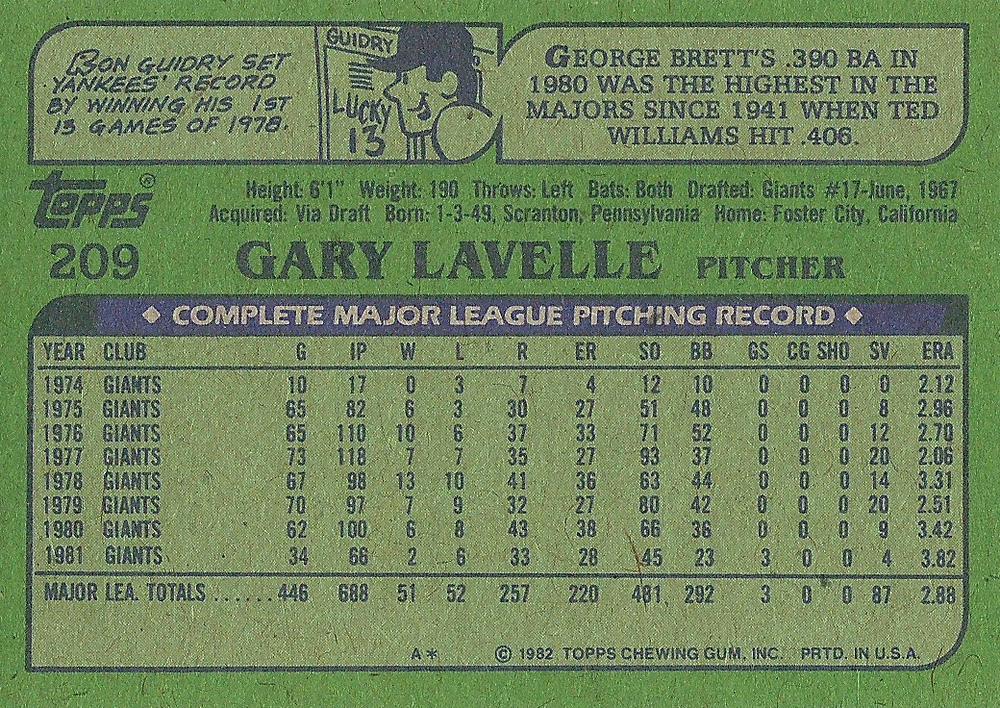 Gary Lavelle  baseball card collectible - Main Image 2