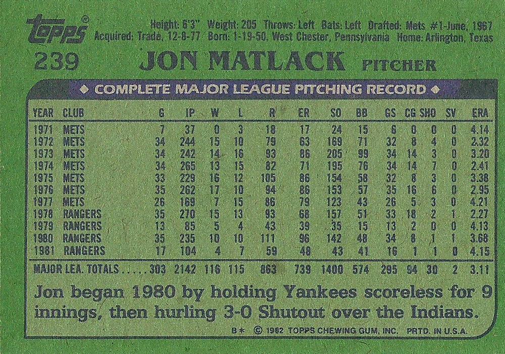 Jon Matlack  baseball card collectible - Main Image 2