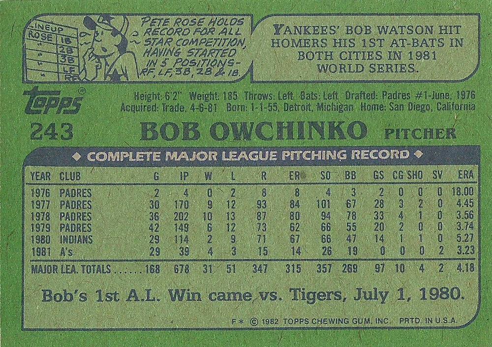 Bob Owchinko  baseball card collectible - Main Image 2