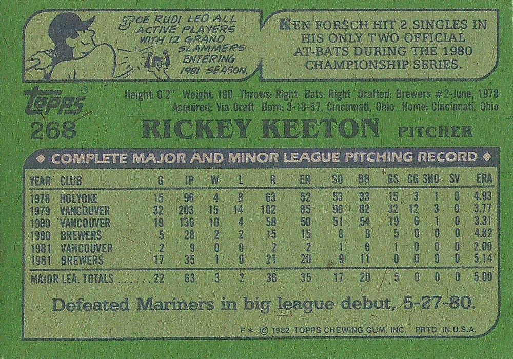 Rickey Keeton  baseball card collectible - Main Image 2