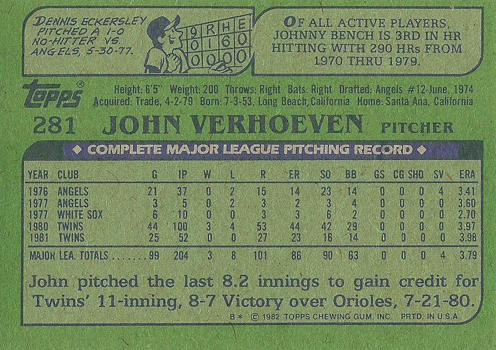 John Verhoeven  baseball card collectible - Main Image 2
