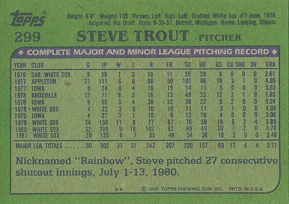 Steve Trout  baseball card collectible - Main Image 2