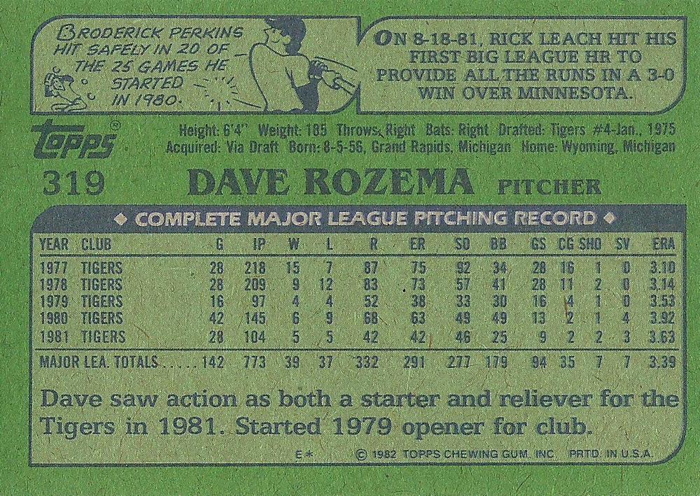 Dave Rozema  baseball card collectible - Main Image 2
