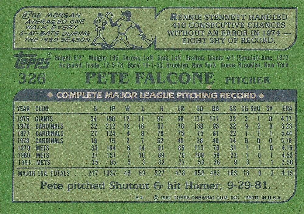 Pete Falcone  baseball card collectible - Main Image 2