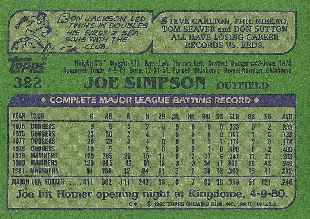 Joe Simpson  baseball card collectible - Main Image 2