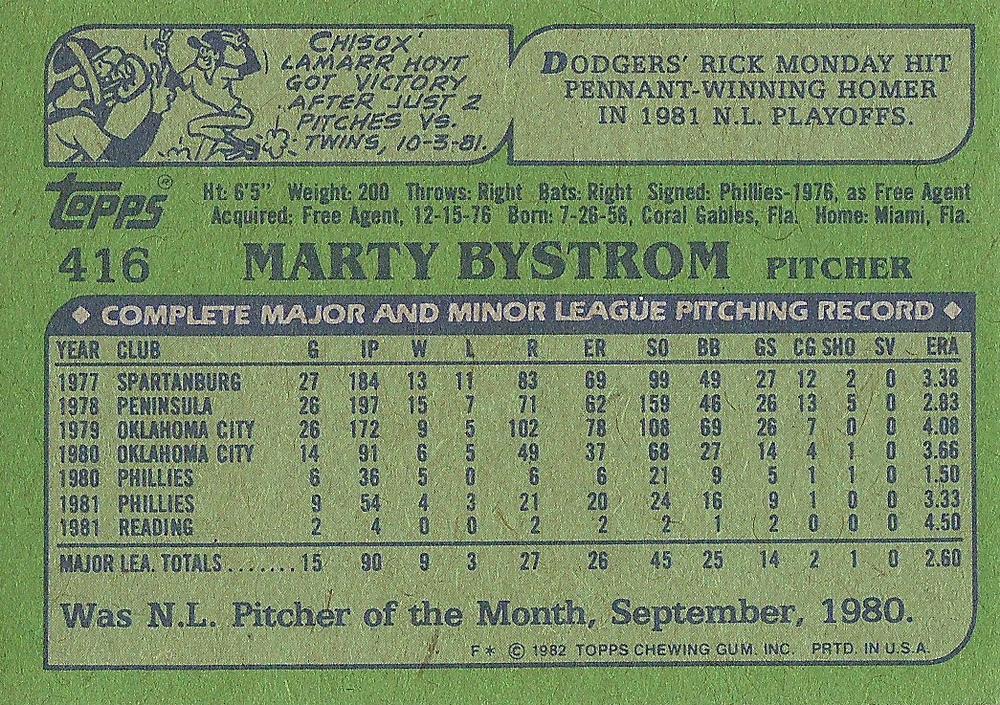 Marty Bystrom  baseball card collectible - Main Image 2