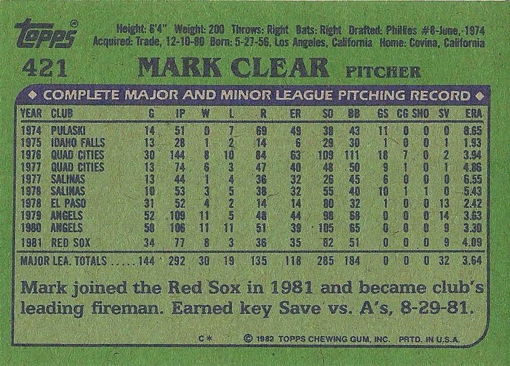 Mark Clear  baseball card collectible - Main Image 2