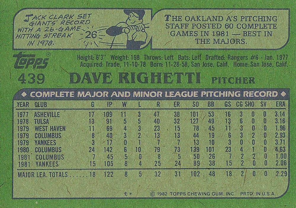 Dave Righetti  baseball card collectible - Main Image 2