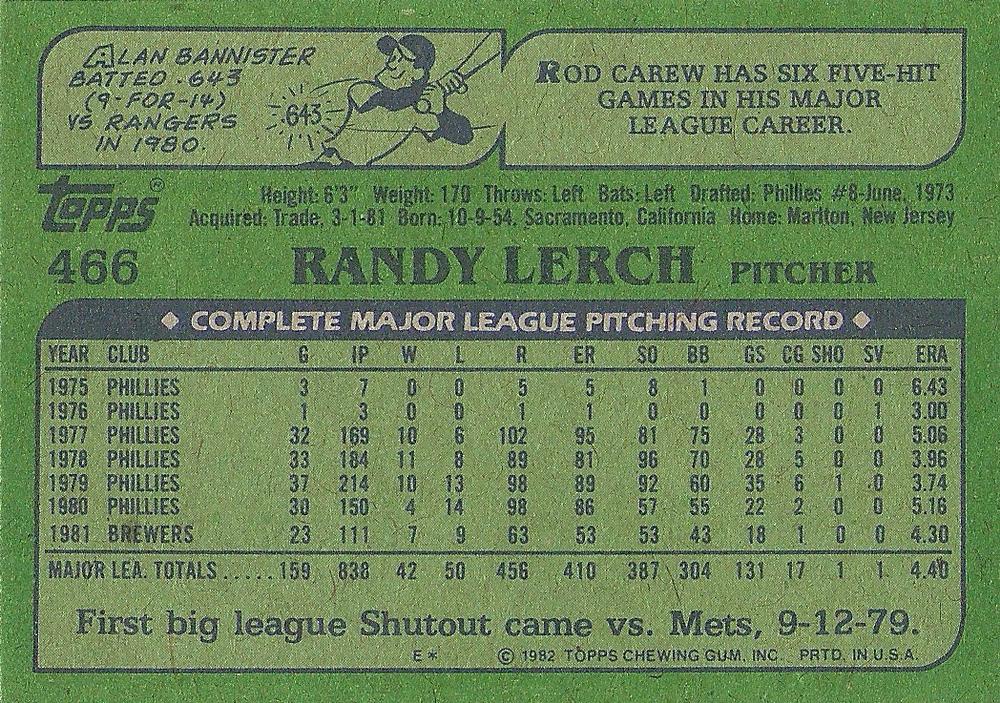 Randy Lerch  baseball card collectible - Main Image 2