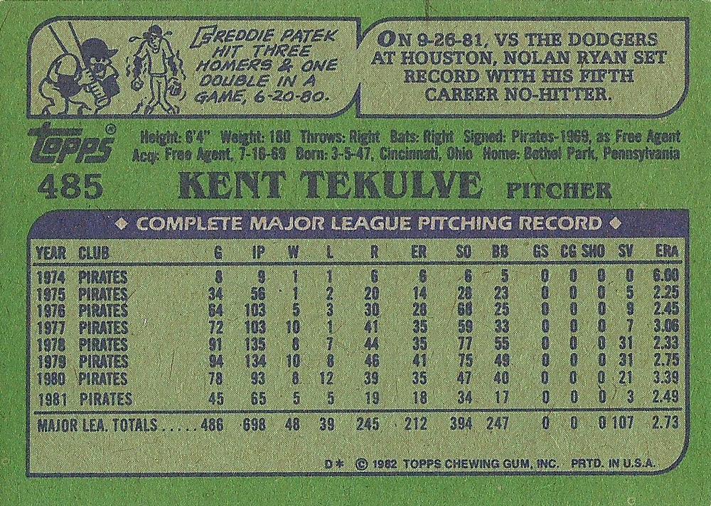 Kent Tekulve  baseball card collectible - Main Image 2